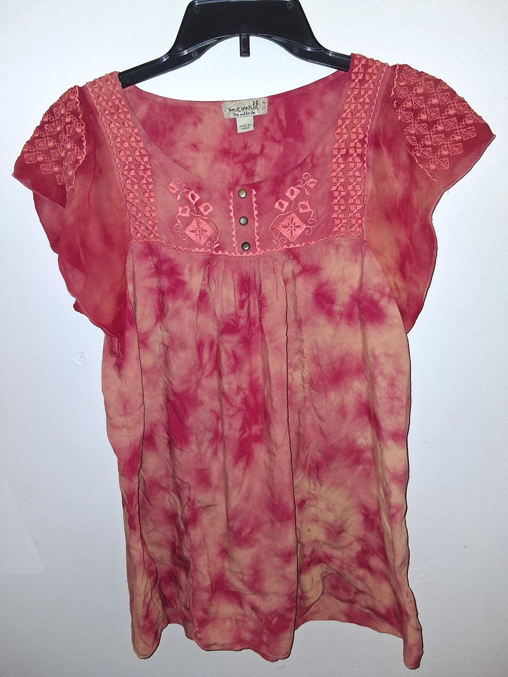ONE WORLD Pink Tie-Dye Embroidered Boho Top